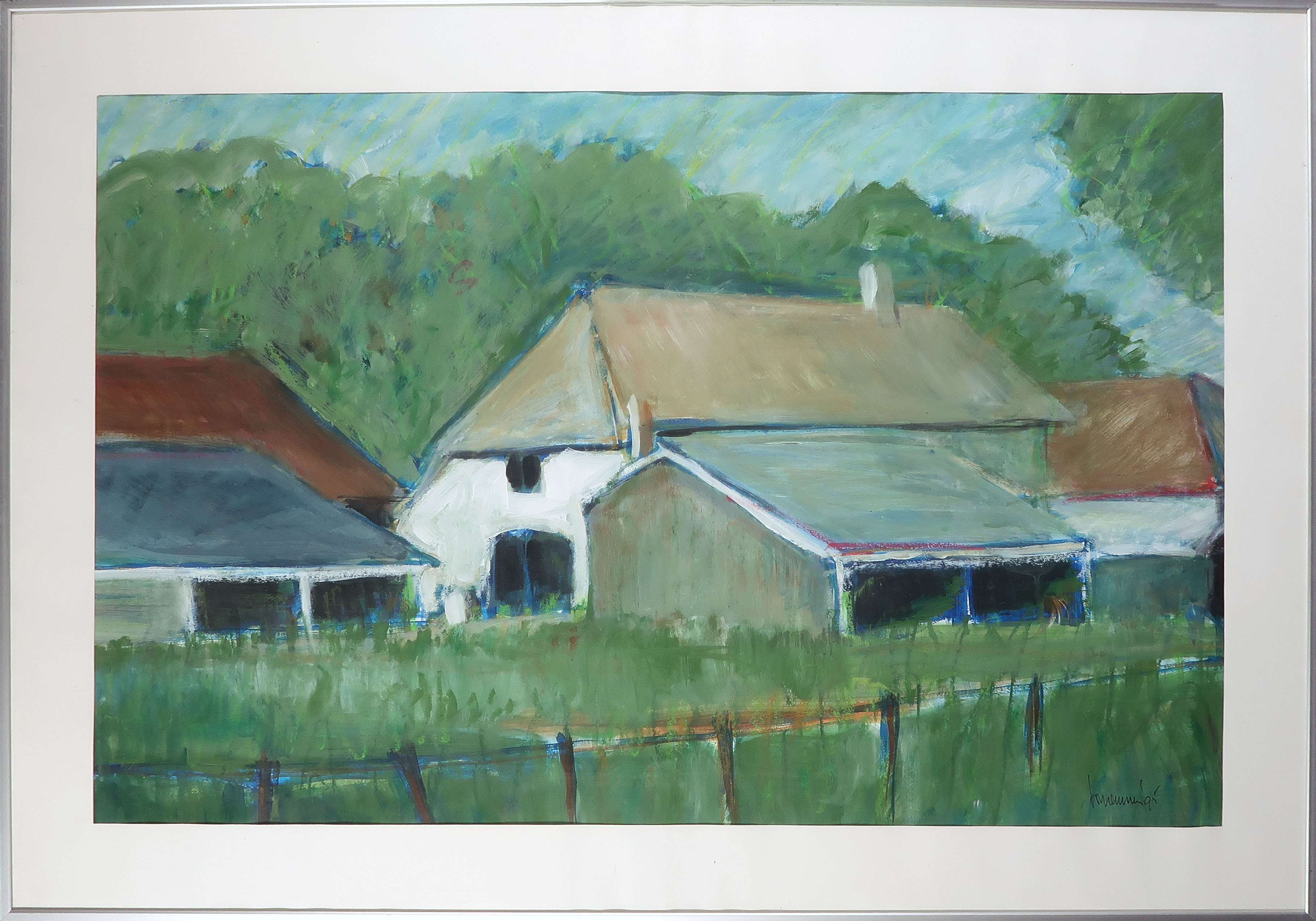 Ton Remmers - Gouache op papier, Landschap met boerderij - Ingelijst (Groot) verkocht voor € 40!