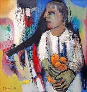 Gérard Grassère - Vrouw met vruchten in psychedelische setting, olieverf op doek (ingelijst) verkocht voor € 1!