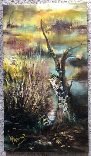 Jan Bevort - Waterrijk boslandschap in prachtige kleuren. verkocht voor € 75!