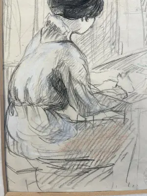 Leo Gestel - De vrouw van de kunstenaar aan het tekenen - met atelierstempel kopen? Bied vanaf 240!