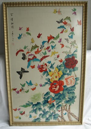 Niet of onleesbaar gesigneerd - Grote ingelijste aquarel op zijde , Japans , Vlinders – 100 x 62 cm kopen? Bied vanaf 1!