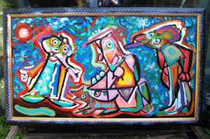 Jasper Banen - Acrylverf op paneel , ‘Nieuw huisdier?’ – Ingelijst, 88 x 149 cm - 2004 kopen? Bied vanaf 525!
