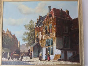 H.J Topman - Olieverfschilderij van een vroeg Hollands straatbeeld met mensen en gebouwen. kopen? Bied vanaf 35!