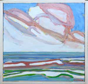 Paul Overhaus - Olieverf op doek, Rose wolken bij zee- Ingelijst verkocht voor € 70!