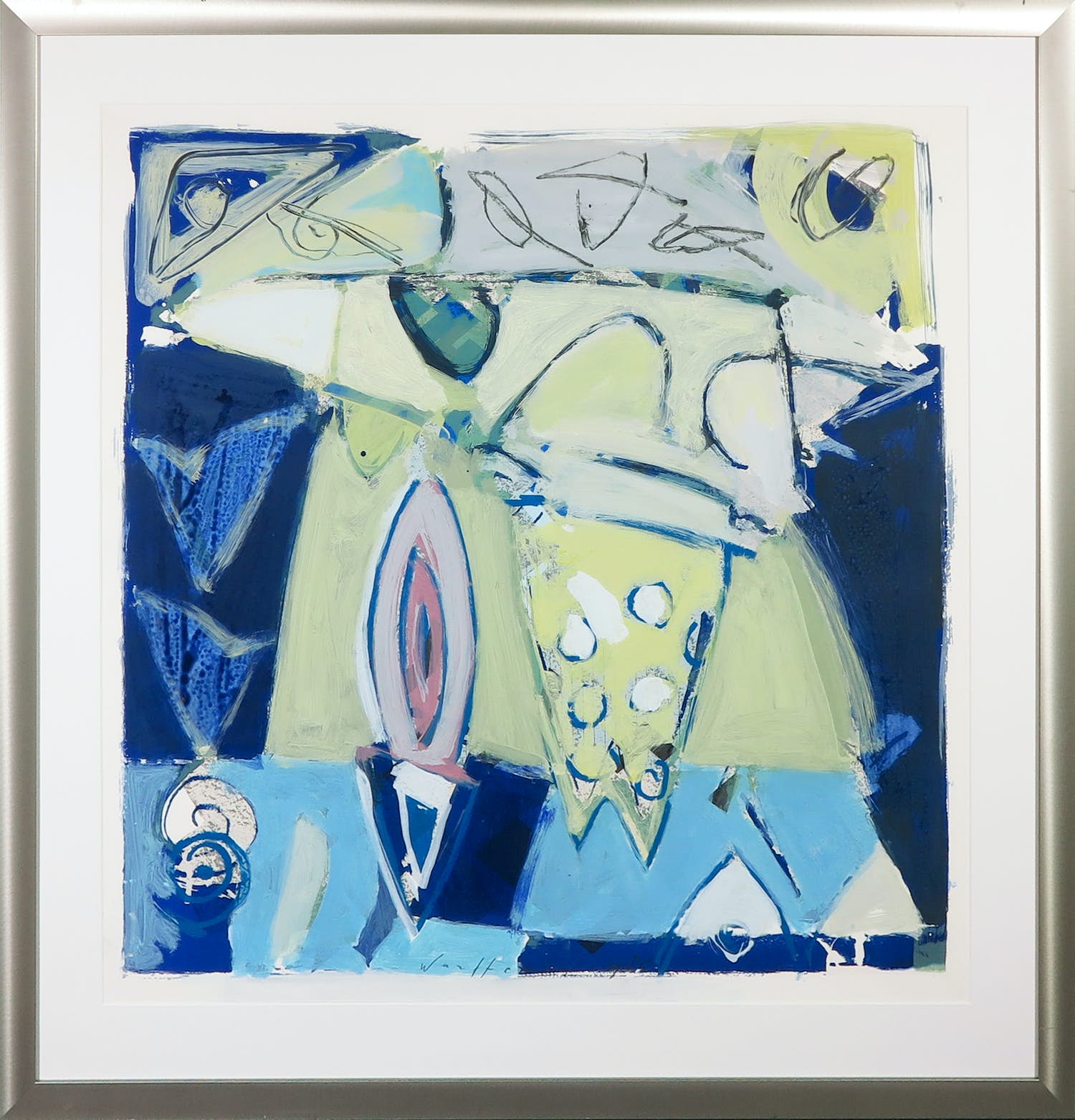 Piet Warffemius - Handbeschilderde zeefdruk, Abstracte compositie - Ingelijst verkocht voor € 50!