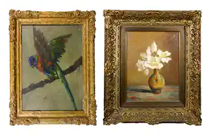 Cornelis Raaphorst - en andere! - Lot van twee schilderijen, Papegaai en bloemstilleven - Ingelijst verkocht voor € 150!