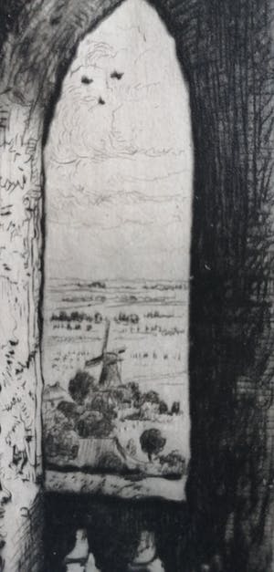 Riekele Prins - Doorkijkje vanuit kerk op landschap met molen kopen? Bied vanaf 50!