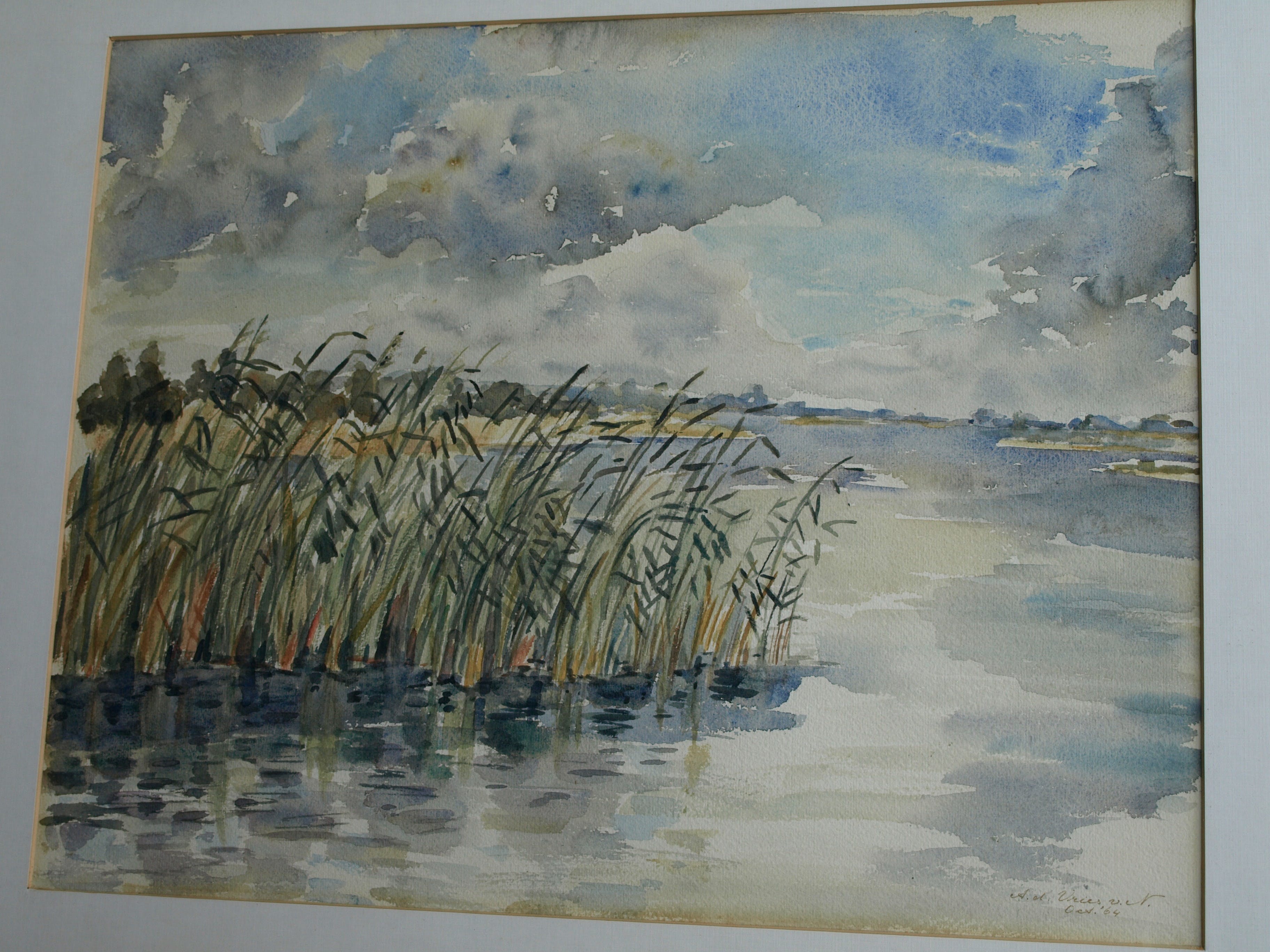 Niet of onleesbaar gesigneerd - Aquarel , Rietkraag – Watergezicht - gesigneerd & ingelijst – 1964  kopen? Bied vanaf 1!