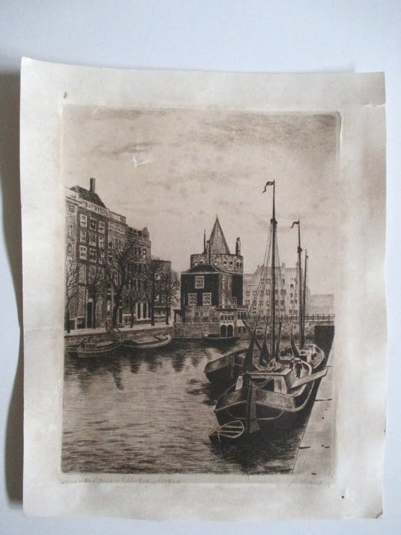 Niet of onleesbaar gesigneerd -  gesigneerde ets Schreierstoren Amsterdam kopen? Bied vanaf 1!