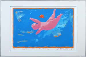 Wouter Stips - Zeefdruk, Vrije val met hoed - Ingelijst verkocht voor € 1!