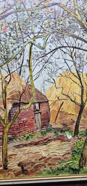 Herman Bieling - Boerderijtjes met hooiklamp en kippen54/70 cm met lijst69/86cm, kopen? Bied vanaf 750!