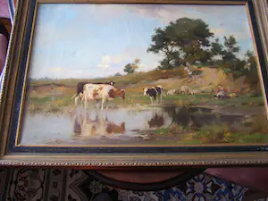 Adrianus Johannes Groenewegen - Koeien, kalf, schapen en boerin in landschap bij waterplasje kopen? Bied vanaf 250!