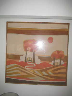 Odile Penelle - Odille Penelle, Huizen op een heuvel, jaren 1980, Aquarel op zijde kopen? Bied vanaf 300!