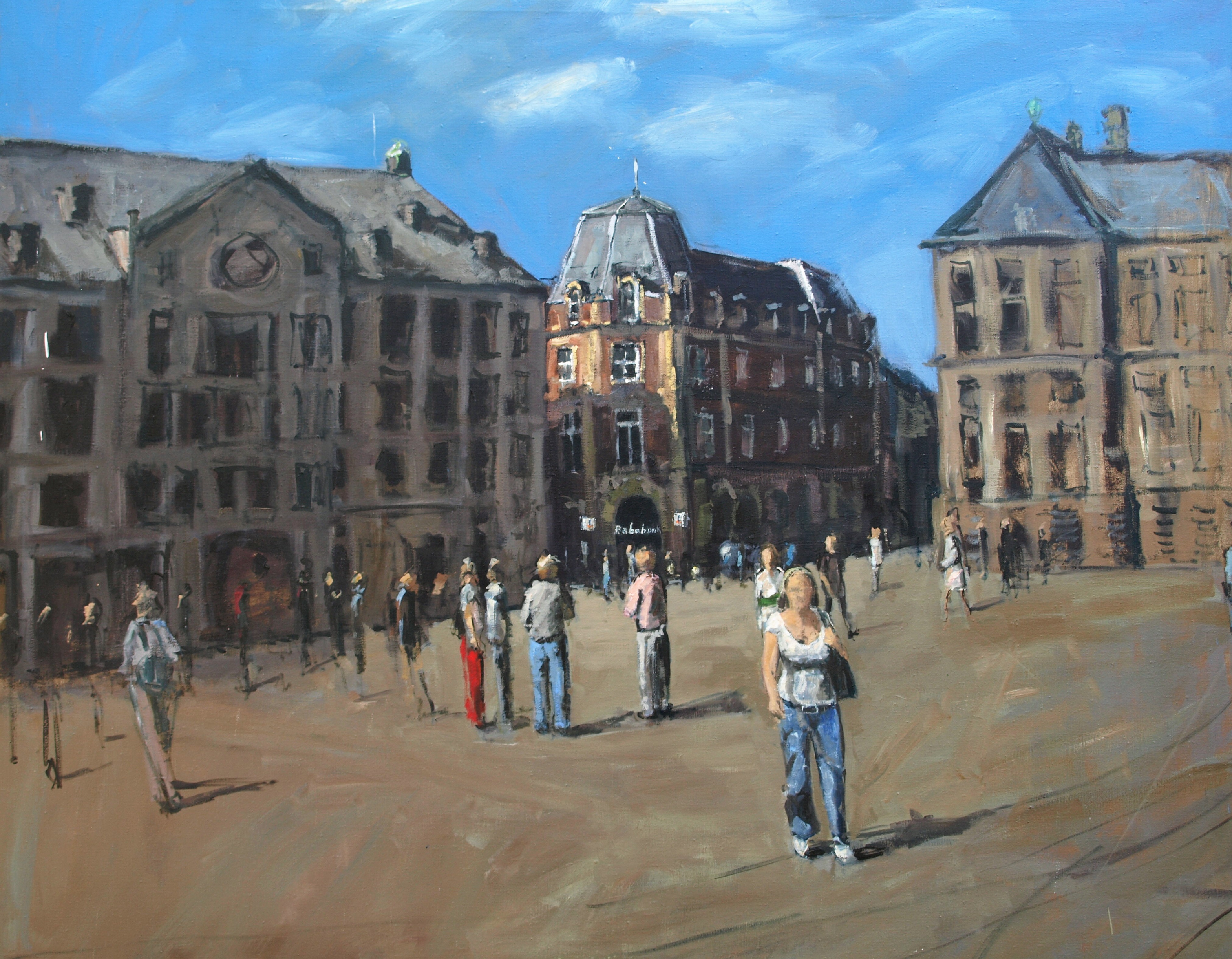Niet of onleesbaar gesigneerd - Acrylverf op doek – De Dam in Amsterdam – 145 x 160 cm  verkocht voor € 75!