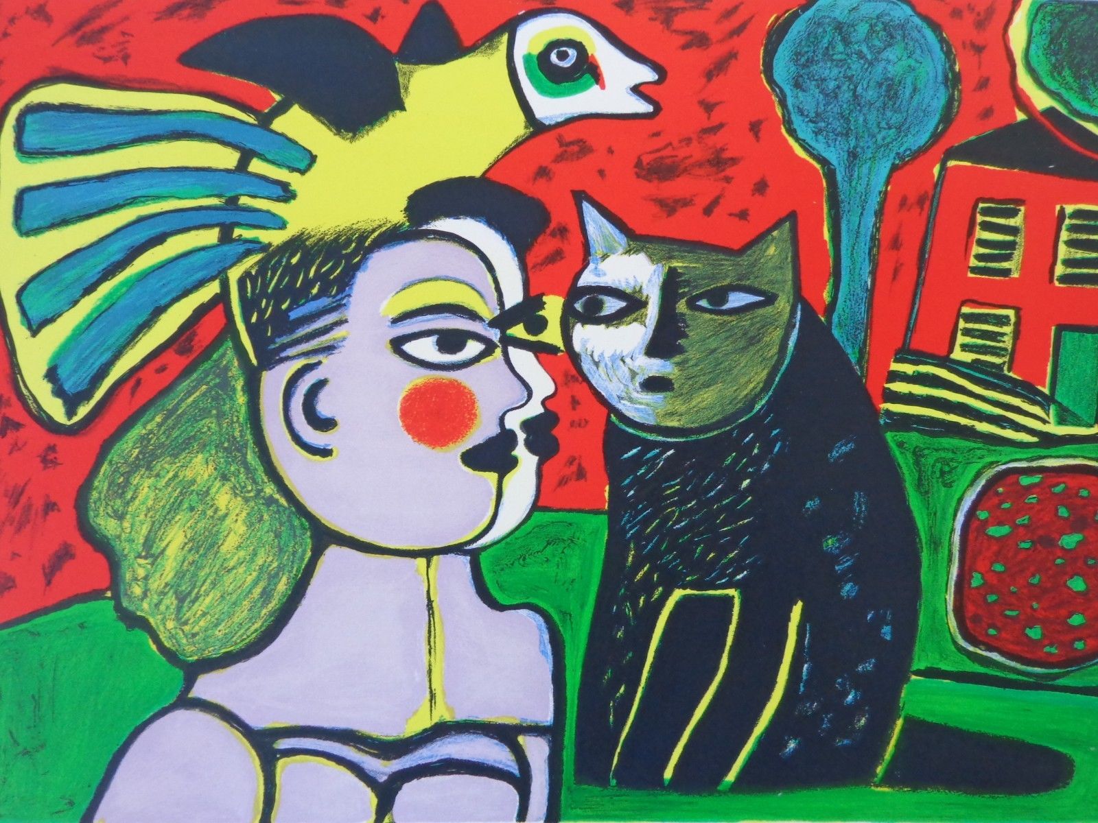 Corneille - VROUW MET ZWARTE KAT / KLEURLITHO / 56x72cm / SIG kopen? Bied vanaf 175!