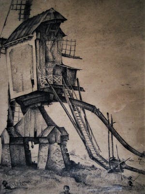Dirk Kruizinga - oprichter "de Brug" - Grote Houtskool tekening "Weide Molen" gesigneerd kopen? Bied vanaf 10!