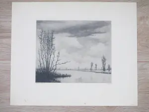 Dirk Harting - Waterlandschap met bomen - Ets kopen? Bied vanaf 35!