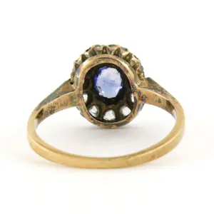 14k gouden ring met saffier en roos geslepen diamant 0.20 ct ringmaat 15.75(49) kopen? Bied vanaf 285!