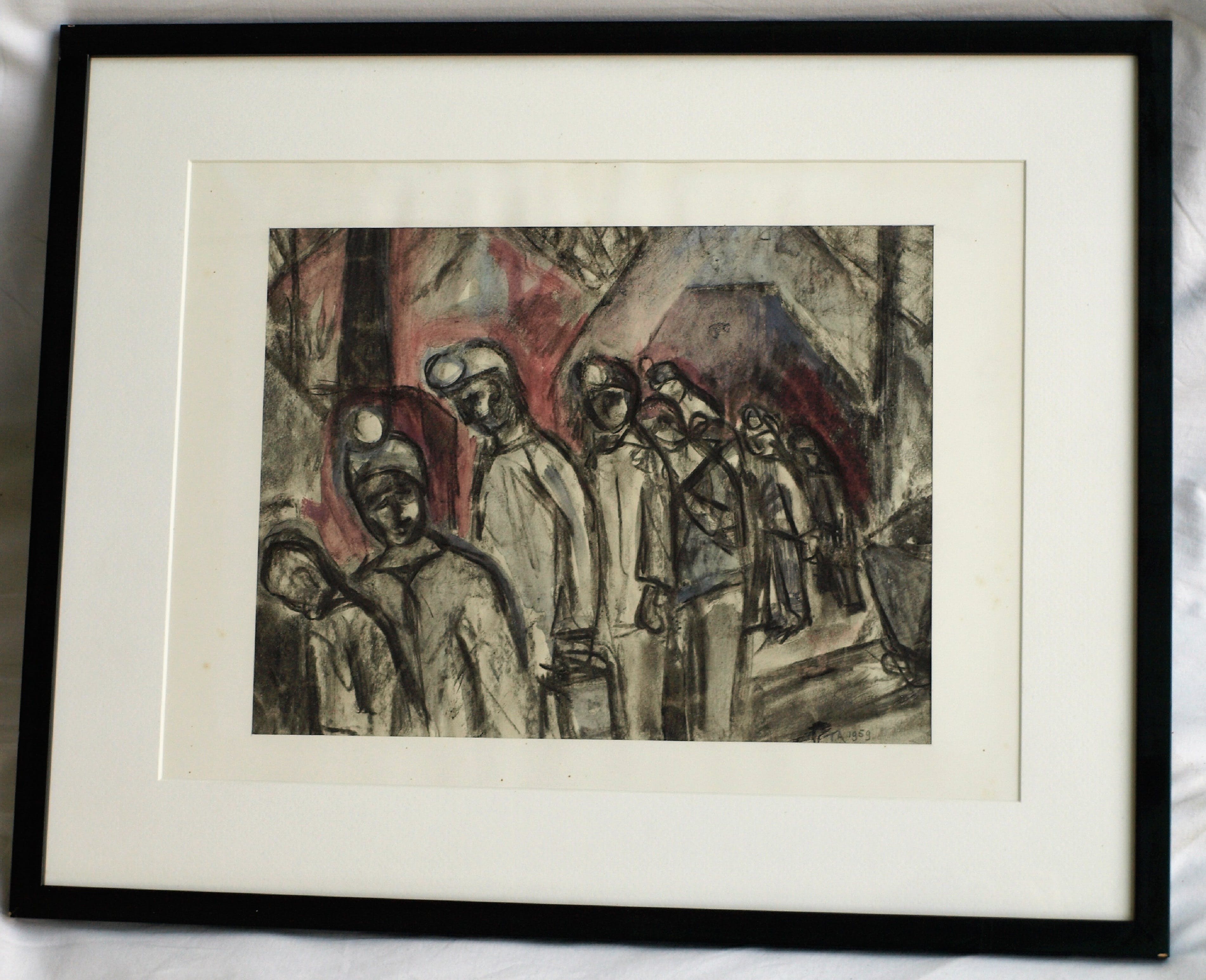 Niet of onleesbaar gesigneerd - Tekening , Mijnwerkers, Kompels - ingelijst - 1959 kopen? Bied vanaf 1!