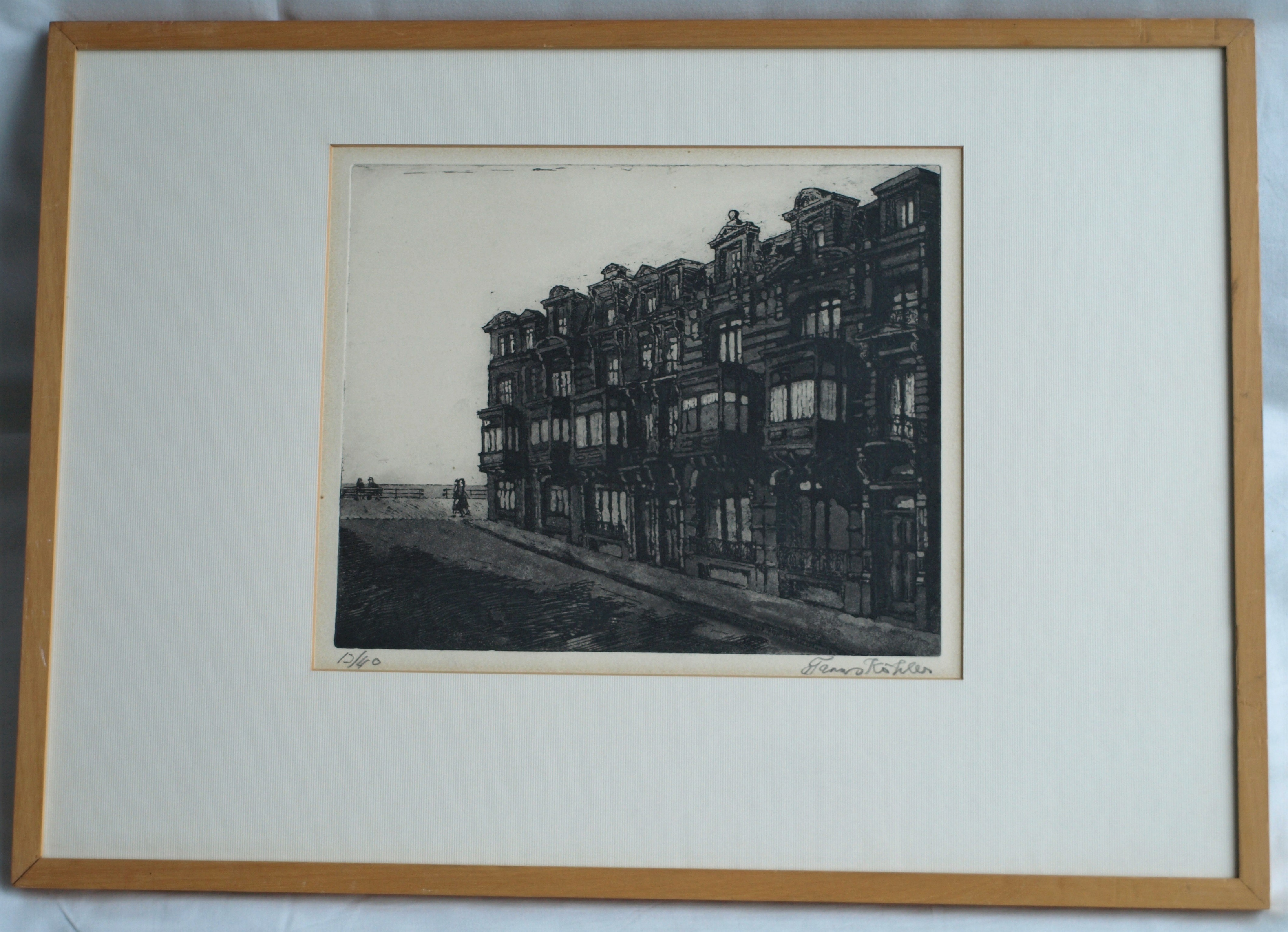 Frans Kohler - Ets , Straatje naar zee in Oostende – gesigneerd & ingelijst – ca 1970 kopen? Bied vanaf 25!