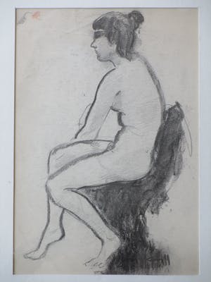 Joop Kropff - Zittend naakt - Potlood/zwartkrijttekening kopen? Bied vanaf 1!