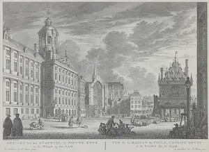 Pieter Fouquet - Gezicht van het Stadhuis, de Nieuwe Kerk en de Waag op den Dam- Ingelijst kopen? Bied vanaf 1!