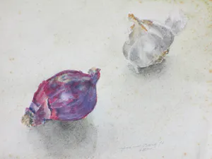 Jos van den Berg - Rode uit en Knoflook - Aquarel/gemengde techniek kopen? Bied vanaf 1!