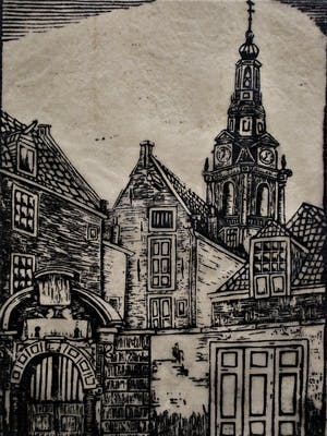 Jac. de Beer - Verstilde kleine oplage Houtsnede "Amsterdam de Zuiderkerk" gesigneerd kopen? Bied vanaf 20!