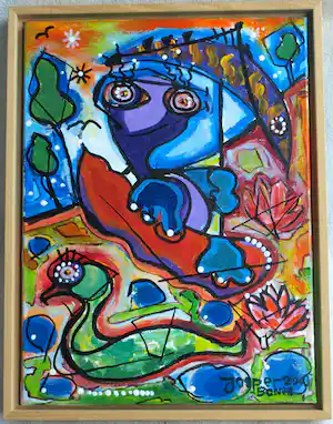 Jasper Banen - Acrylverf op doek , Op vakantie met…. – ingelijst , 43 x 33 cm - 2003 vendu pour 125€ !