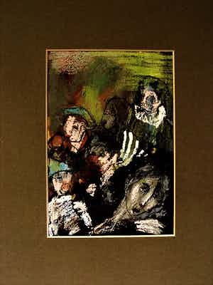 Niet of onleesbaar gesigneerd - Fascinerend 1967 olieverf op karton "Figuren " gesigneerd verkocht voor € 10!