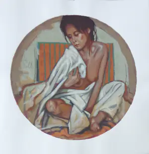 Nico Vrielink - HALFNAAKTE ZITTENDE VROUW / KLEURZEEFDRUK / 62x61cm / SIG kopen? Bied vanaf 35!