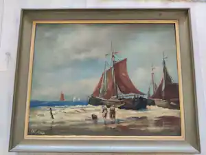 Onbekend - Prachtig gesigneerd zeegezicht met boten vendu pour 60€ !
