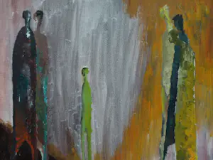 Peter Leyenaar - (1923-2023) , Acrylverf op canvasboard , Lange figuren II - 1986 kopen? Bied vanaf 50!