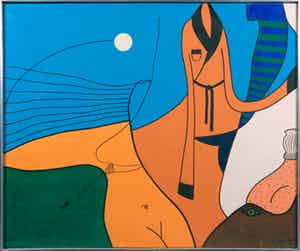 Jules Bekker - Acryl op doek, Ping pong voor een kamerjas - Ingelijst verkocht voor € 60!