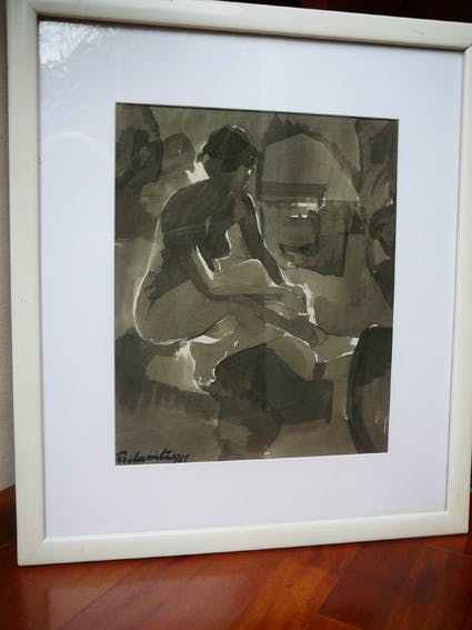 Niet of onleesbaar gesigneerd - Knielend naakt in zwart-wit /aquarel kopen? Bied vanaf 1!