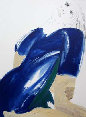 Jacqueline de Jong - Ingelijst litho: Dame in blauwe jurk verkocht voor € 65!