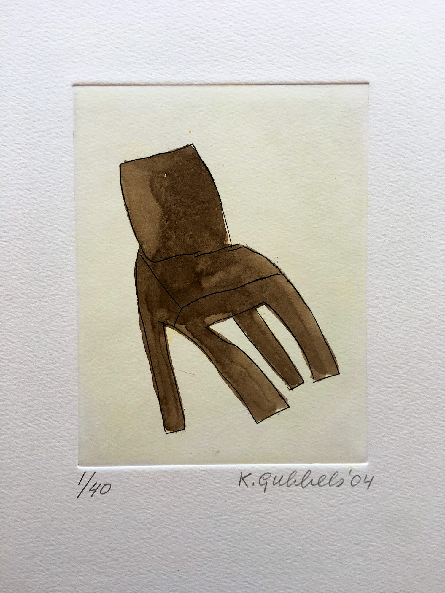 Klaas Gubbels - ets met aquarel ingekleurd - ‘Bruine stoel’ - 2004 verkocht voor € 245!