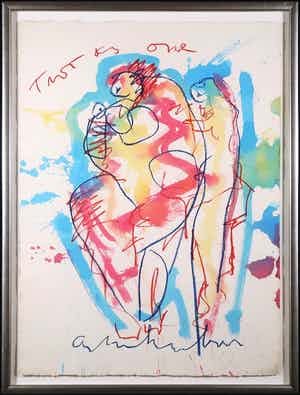 Anton Heyboer - Gouache en krijt op papier, Trust is one - Ingelijst (Groot) verkocht voor € 300!