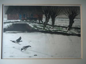 Tjeerd Bottema - bonte kraaien op het ijs- molen met hondenkar en knotwilgen kopen? Bied vanaf 40!
