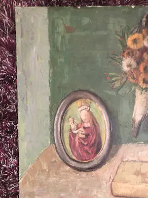 Jan Linschooten - gevarieerd stilleven met o.a. droogboeket en religieus portret in lijstje kopen? Bied vanaf 1!
