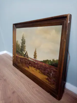 Niet of onleesbaar gesigneerd - Mooi olieverf schilderij van een landschap met een hutje op de hei kopen? Bied vanaf 1!