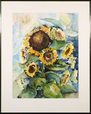Niet of onleesbaar gesigneerd - Aquarel, Zonnebloemen - Ingelijst kopen? Bied vanaf 1!