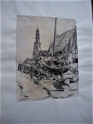 Berend Adrianus Bongers - potloodtekening omstreeks 1920 - haven van Hindelopen - gesigneerd kopen? Bied vanaf 19!