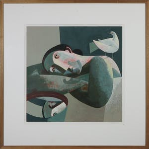 Peter Harskamp - Zeefdruk, Vrouw met witte duif en waterkom - Ingelijst kopen? Bied vanaf 100!