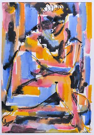 Piet van Mook - Aquarel, Figuur met Rood, Oranje en Blauw verkocht voor € 35!