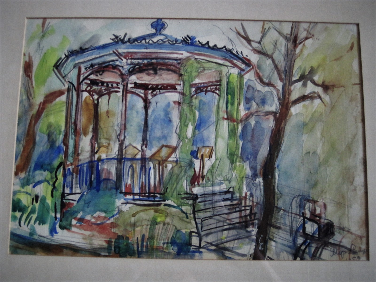 Niet of onleesbaar gesigneerd - gesigneerde ca. 1950 Aquarel "Muziektent"  kopen? Bied vanaf 1!