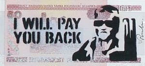 PNSHR - Twee met gouache beschilderde bankbiljetten, I will pay you back & Viet no - Ingelijst kopen? Bied vanaf 1!