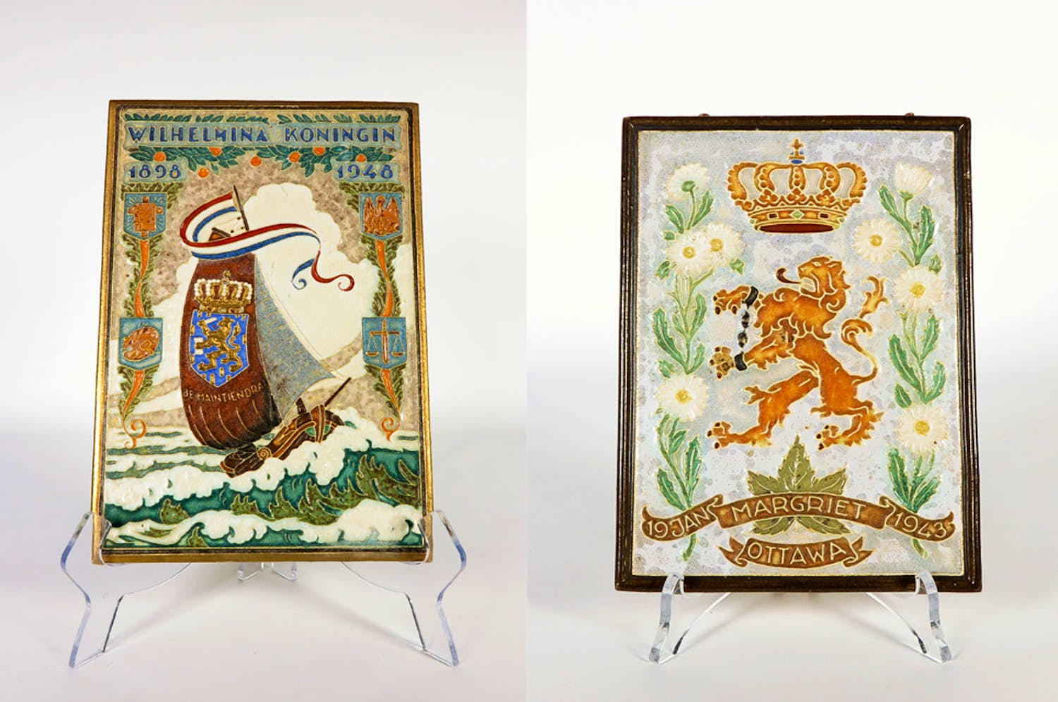 Porceleyne Fles - Lot van twee grote aardewerken cloisonné wandtegeltjes verkocht voor € 50!