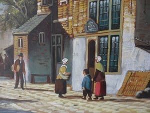 H.J Topman - Olieverfschilderij van een vroeg Hollands straatbeeld met mensen en gebouwen. kopen? Bied vanaf 35!