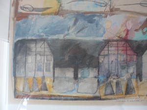 Susan Schildkamp - Gemengde techniek en collage op papier, Titel, "Het koekhuis lll kopen? Bied vanaf 50!